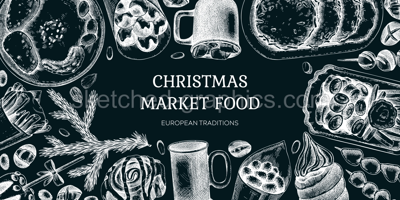 European Christmas market food background. Fast food menu design on chalkboard. Vintage hand-drawn vector illustration. Pastries, sweets, grilled meat, raclette, hot drinks sketches. Street food frame Illustration
